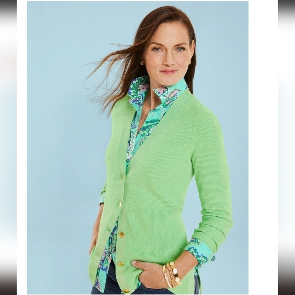 Talbots Cotton Ribbon Button Down Cardigan Green size XS/S